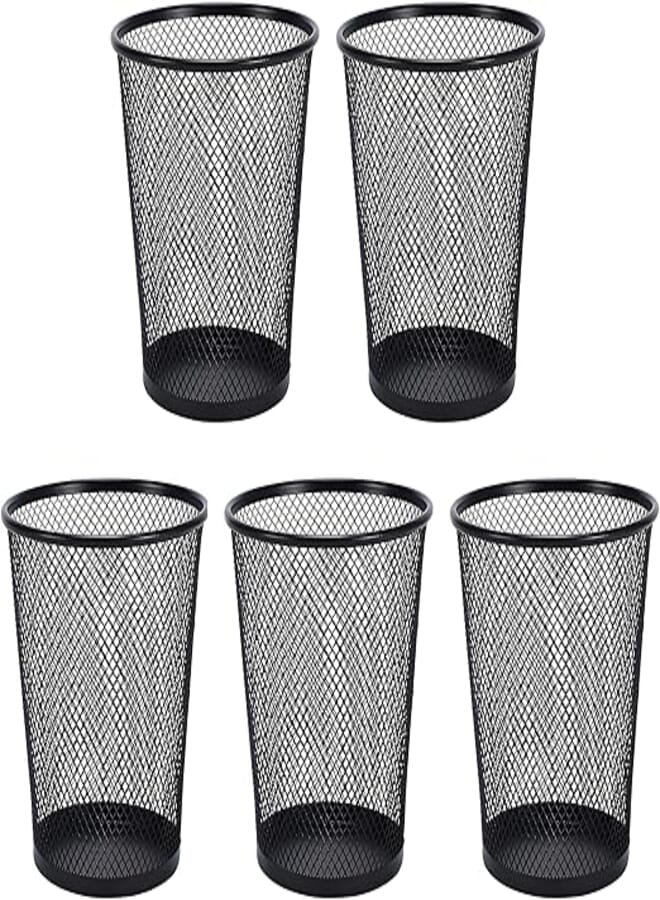 AIMI 5 Pack Pencil Case Large Capacity Container Metal Mesh Pen Cup Office School Home Desk Pen Storage Organizer Can Makeup Holder Round Black